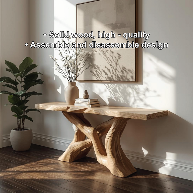 Handcrafted Solid Wood Console Table with Artistic Twisted Base and Natural Light Finish Design