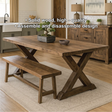 Handcrafted Solid Wood Farmhouse Dining Table – Rustic X-Leg Kitchen Table with Bench Set