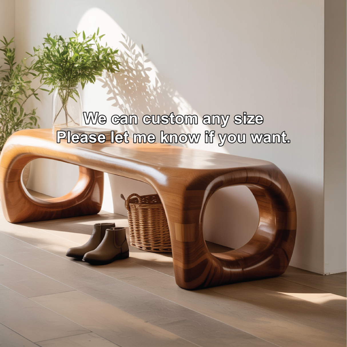 Handcrafted Solid Wood Entryway Bench with Modern Sculpted Organic Frame and Polished Finish