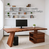 Handcrafted Solid Wood Work Desk – Live Edge Executive Office Table with Modern Asymmetric Base