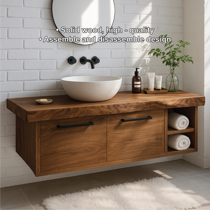 Handcrafted Solid Wood Floating Vanity with Live Edge Top and Double Drawer Storage