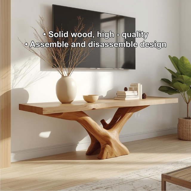 Handcrafted Solid Wood TV Stand with Natural Live Edge and Artistic Root-Inspired Base