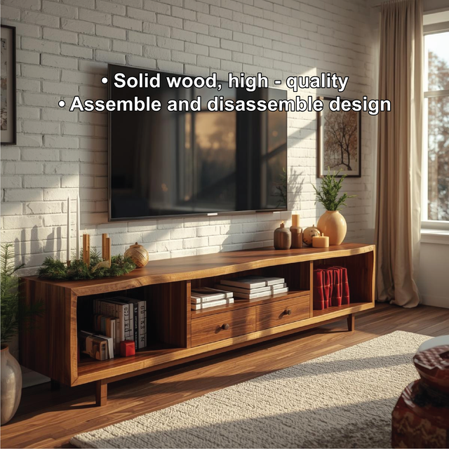 Handcrafted Solid Wood TV Stand with Natural Finish and Modern Storage Design for Living Room