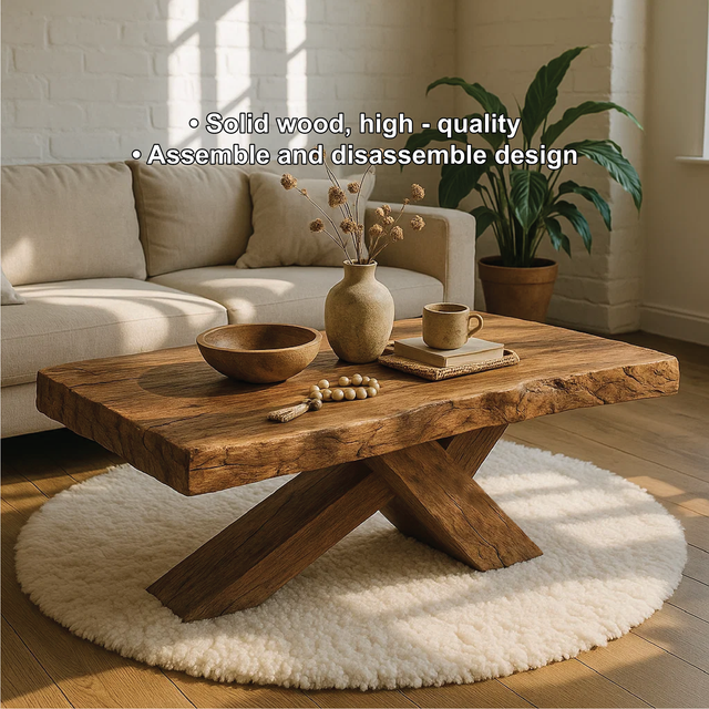 Handcrafted Solid Wood Coffee Table with Rustic Live Edge and Cross-Leg Modern Design