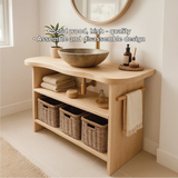 Handcrafted Solid Wood Bathroom Vanity with Curved Edge Design and Open Shelves for Modern Spaces