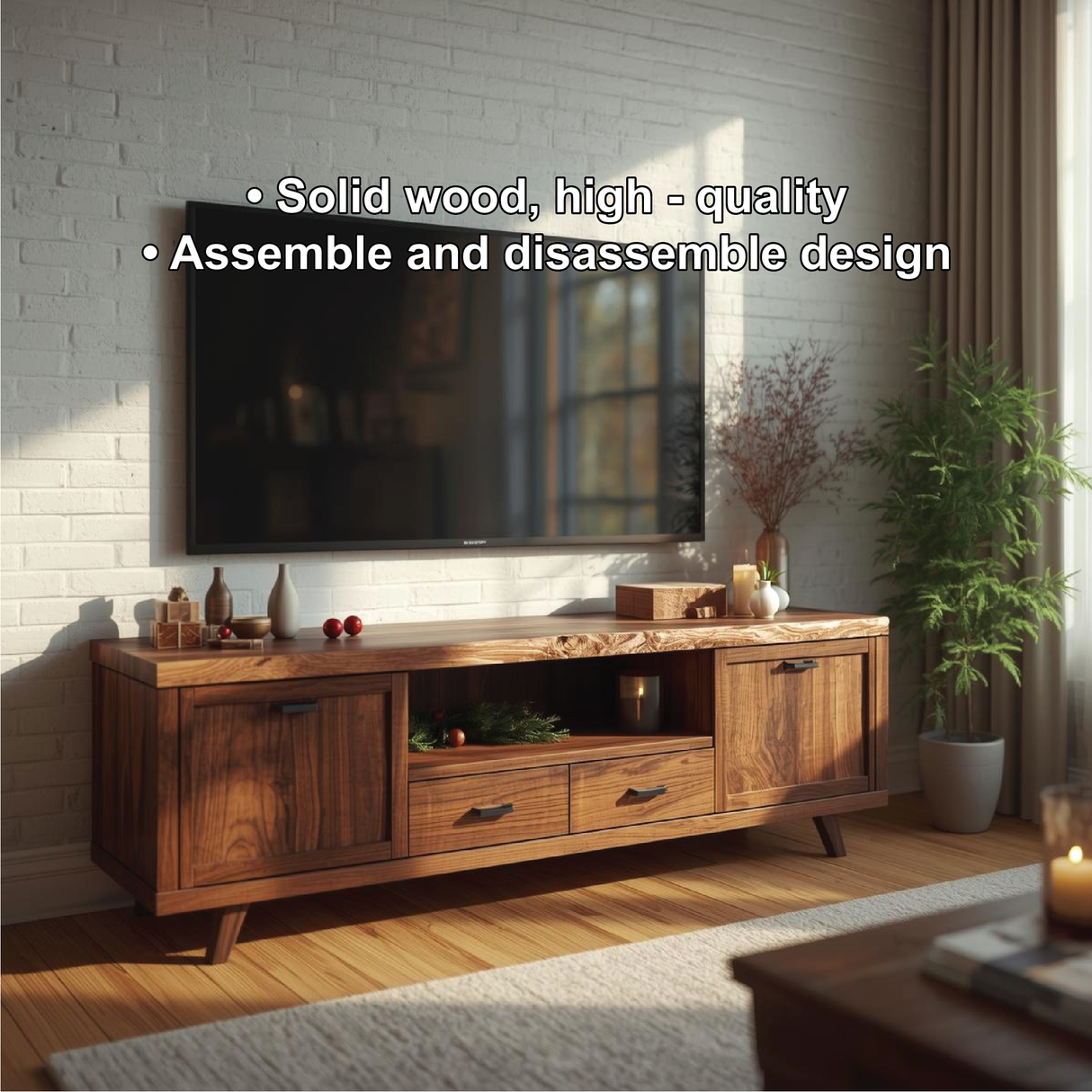 Handcrafted Solid Wood TV Stand with Natural Live Edge and Rustic Modern Storage Design