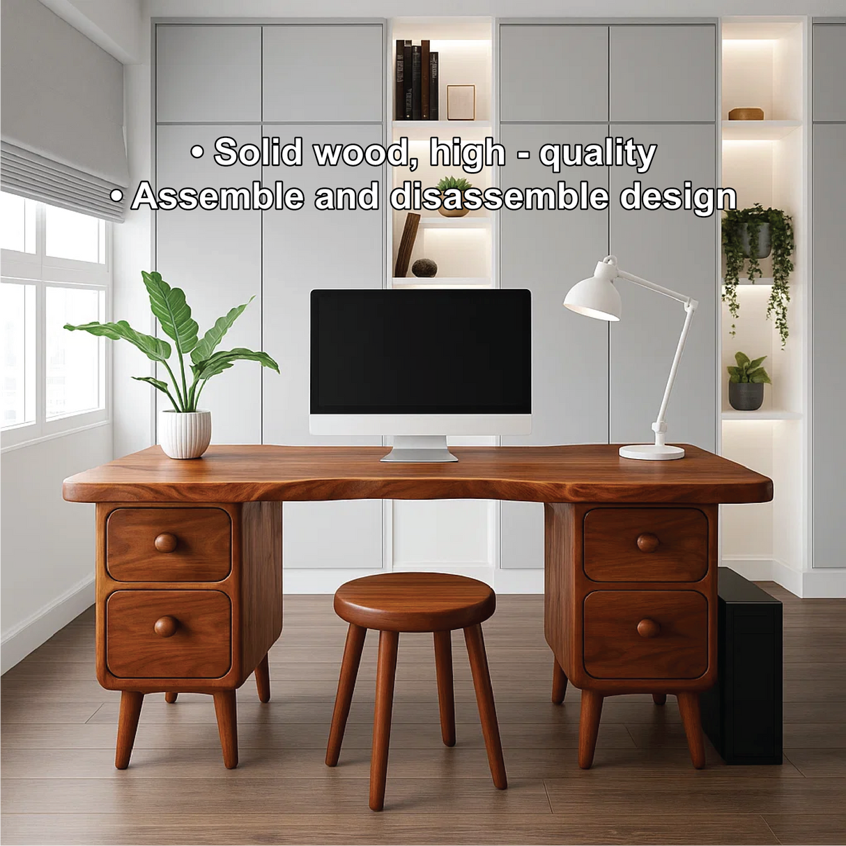 Handcrafted Solid Wood Office Desk – Mid-Century Modern Work Table with Curved Live Edge Design