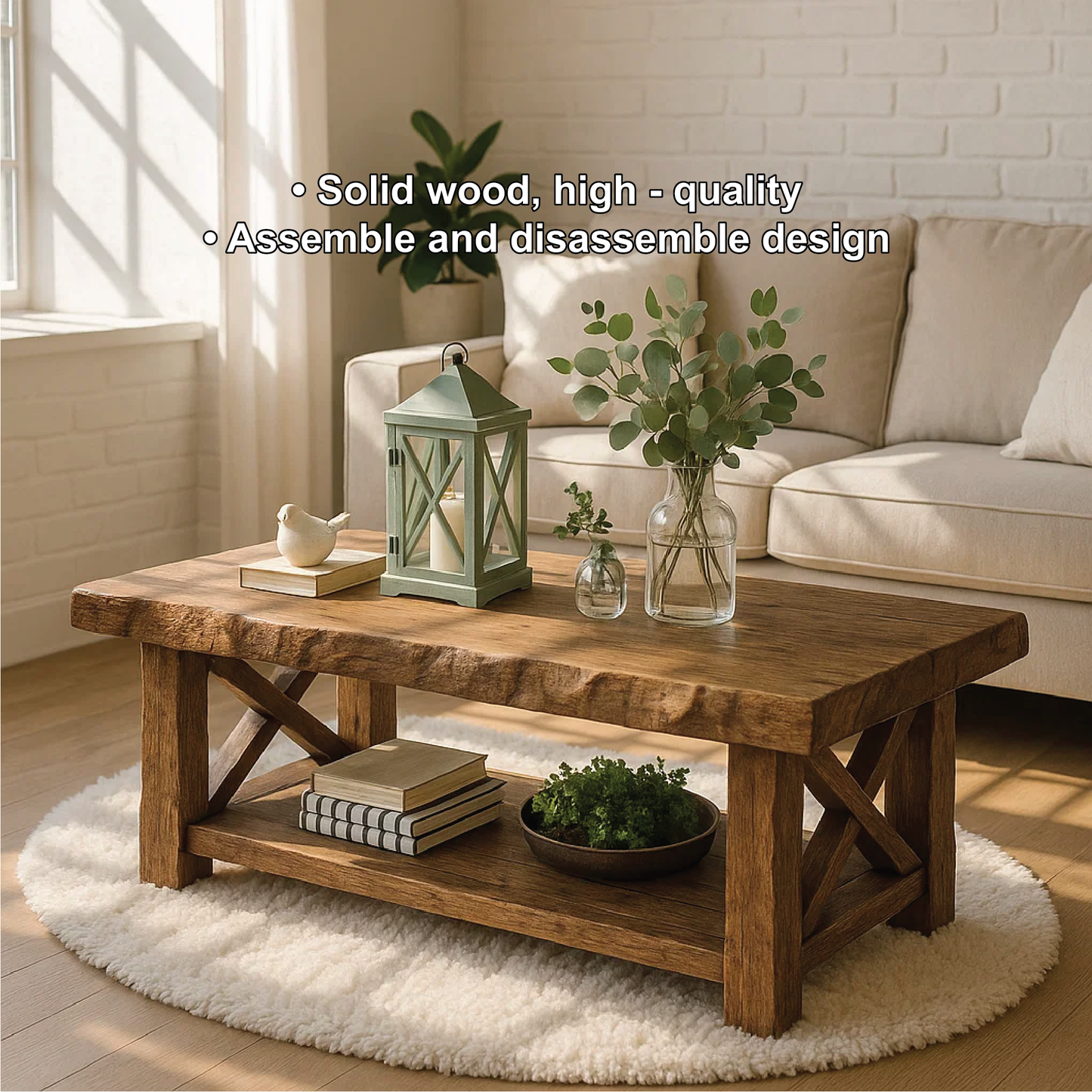 Handcrafted Solid Wood Coffee Table with Rustic X-Frame Base and Natural Live Edge Design