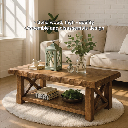 Handcrafted Solid Wood Coffee Table with Rustic X-Frame Base and Natural Live Edge Design