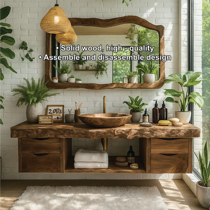 Handcrafted Solid Wood Floating Vanity – Live Edge Bathroom Counter with Drawers With Sink