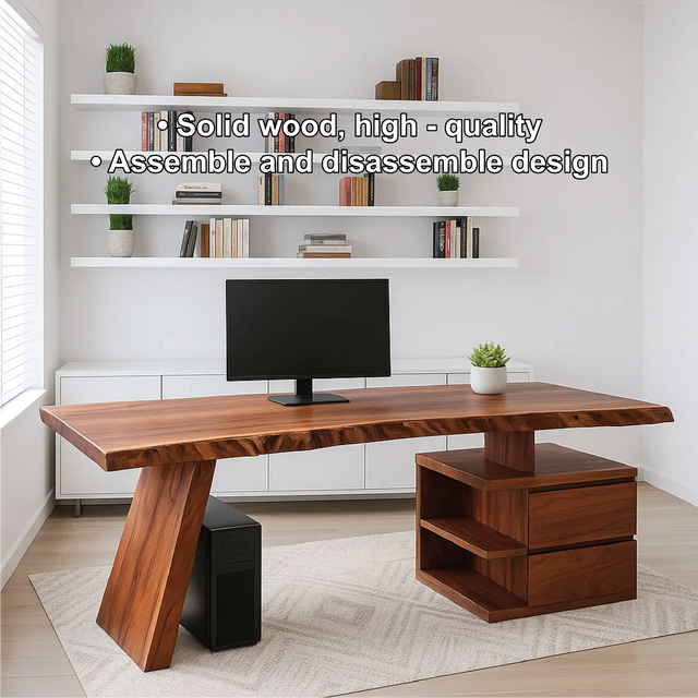 Handcrafted Solid Wood Work Desk – Live Edge Executive Office Table with Modern Asymmetric Base
