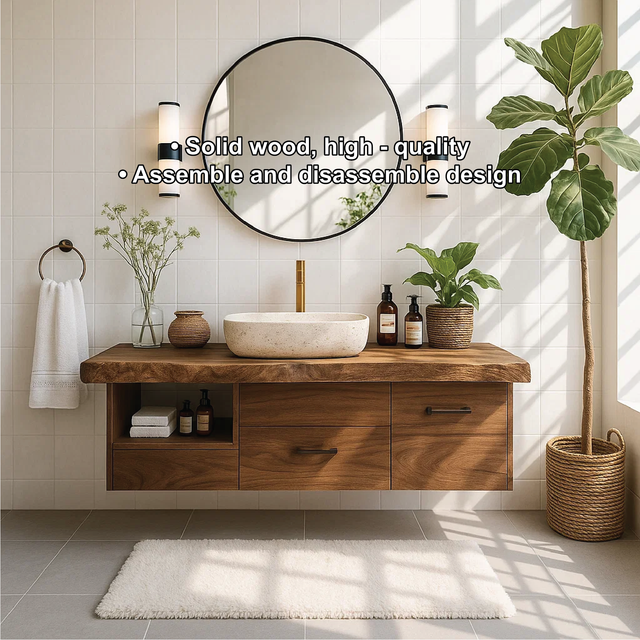 Handcrafted Solid Wood Floating Vanity with Live Edge Countertop and Modern Drawer Storage