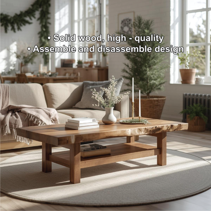 Handcrafted Solid Wood Coffee Table with Live Edge Design and Lower Shelf for Modern Homes