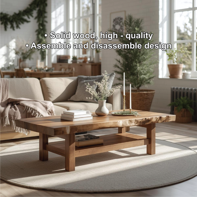 Handcrafted Solid Wood Coffee Table with Live Edge Design and Lower Shelf for Modern Homes