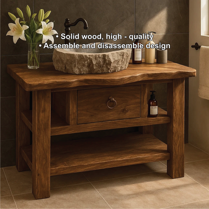 Handcrafted Solid Wood Bathroom Vanity with Drawer and Shelves for Rustic Natural Interior Design