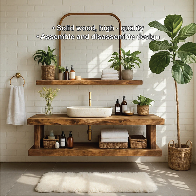 Handcrafted Solid Wood Floating Vanity with Live Edge Design and Open Shelf Storage