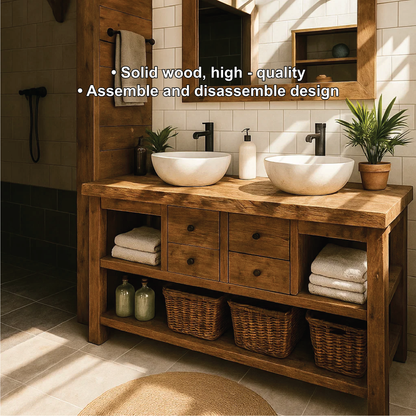 Rustic Double Sink Solid Wood Bathroom Vanity with Drawers and Open Storage Handmade Design