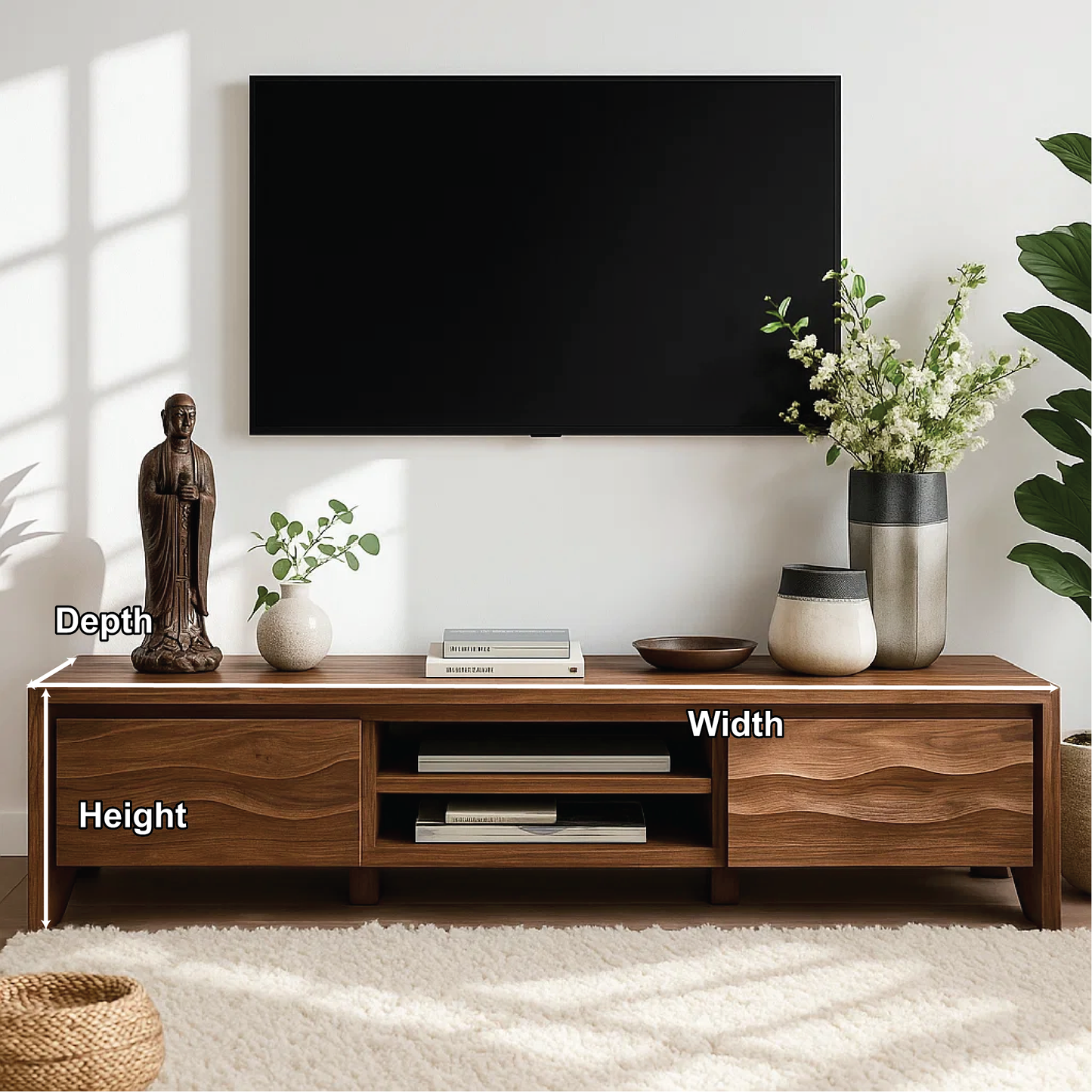 Handcrafted Solid Wood TV Stand – Modern Wavy Pattern Media Console for Living Room