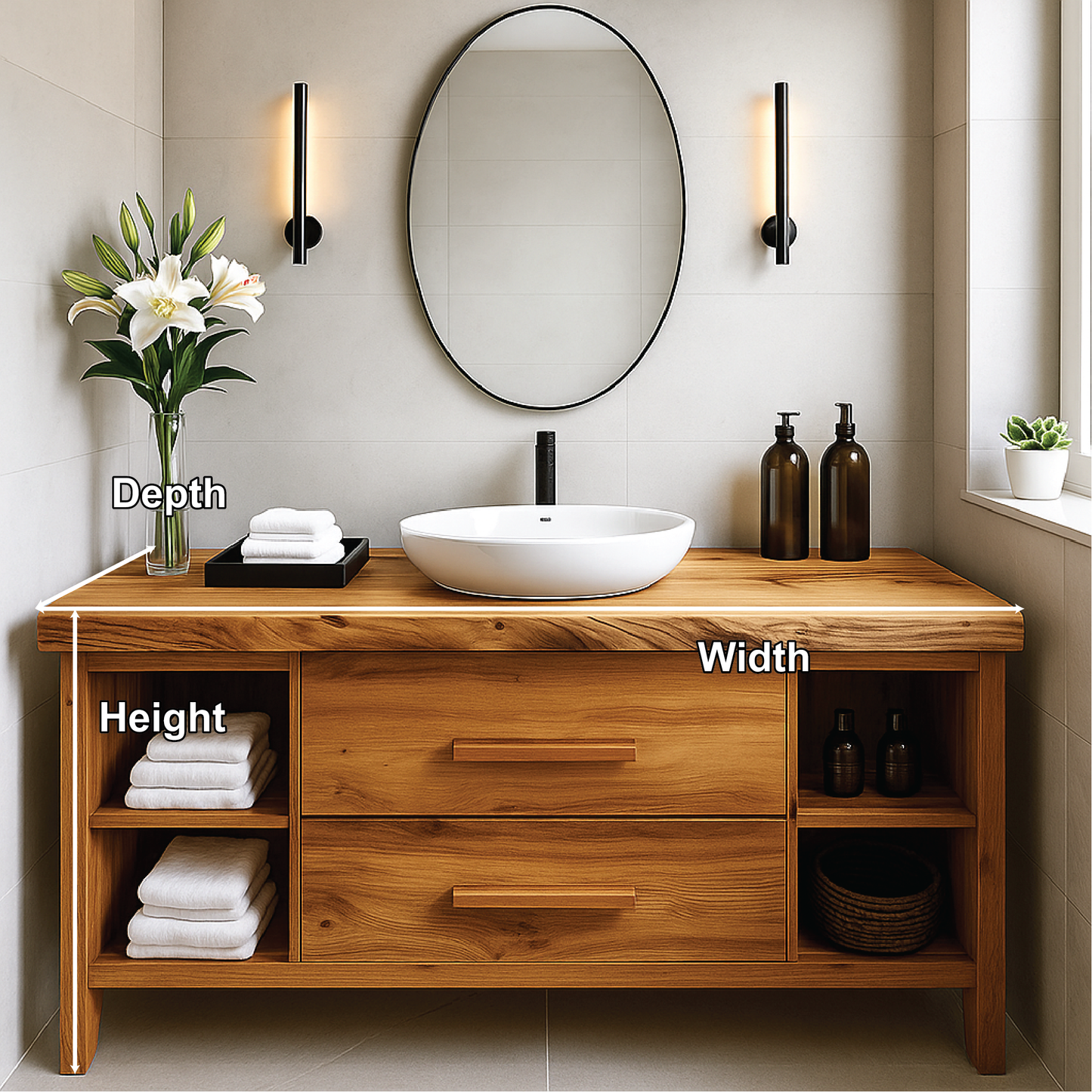 Handcrafted Solid Wood Bathroom Vanity with Drawers and Open Shelves for Modern Interiors