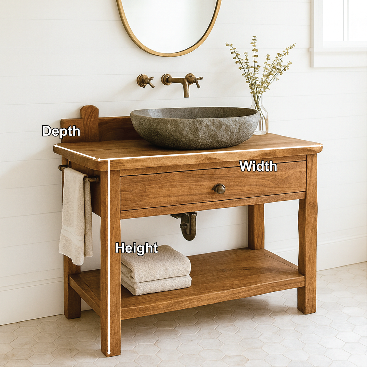 Handcrafted Solid Wood Bathroom Vanity with Drawer and Shelf for Rustic Farmhouse Interior Design