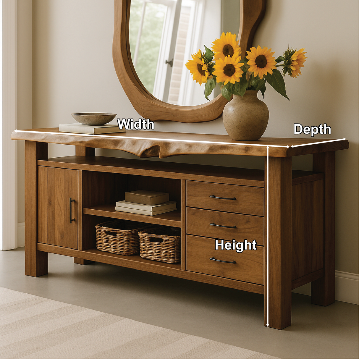 Handcrafted Solid Wood Console Table with Live Edge Top and Storage Drawers for Modern Interiors