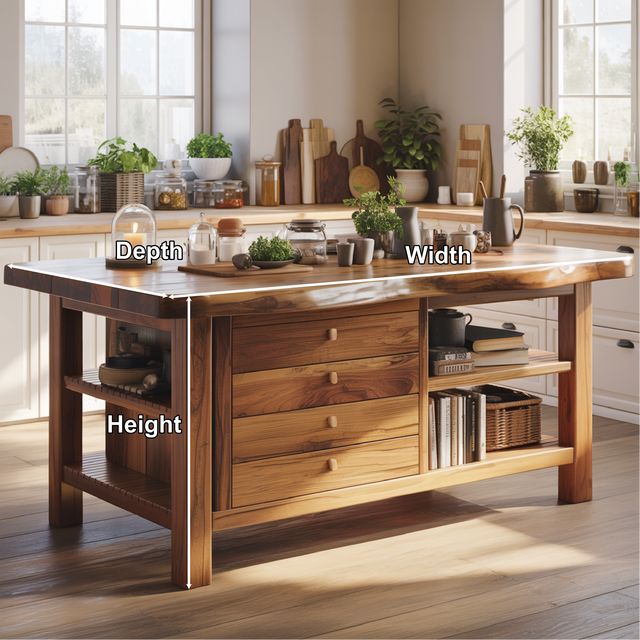 Handcrafted Solid Wood Kitchen Island with Drawers, Open Shelves, and Natural Live-Edge Top