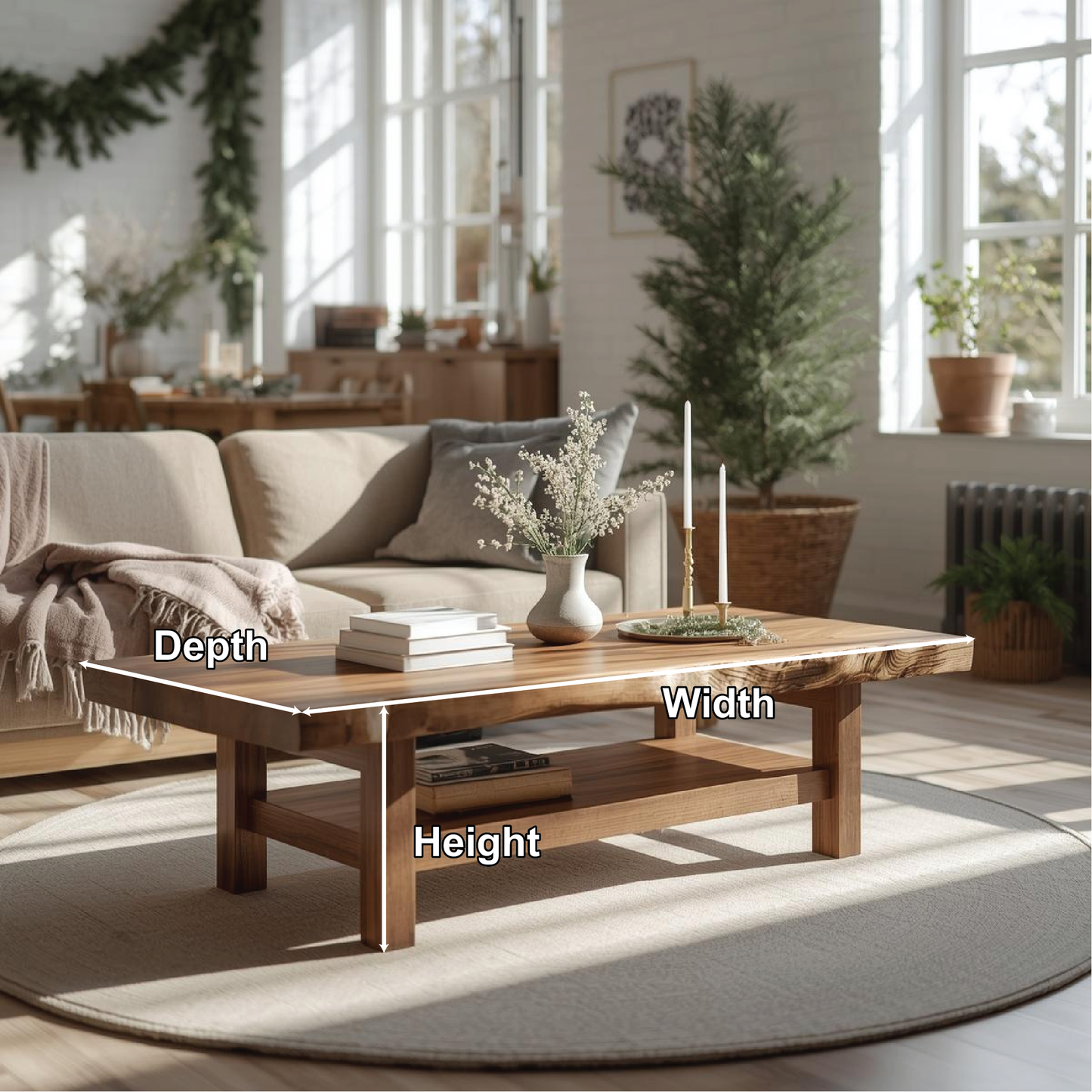 Handcrafted Solid Wood Coffee Table with Live Edge Design and Lower Shelf for Modern Homes