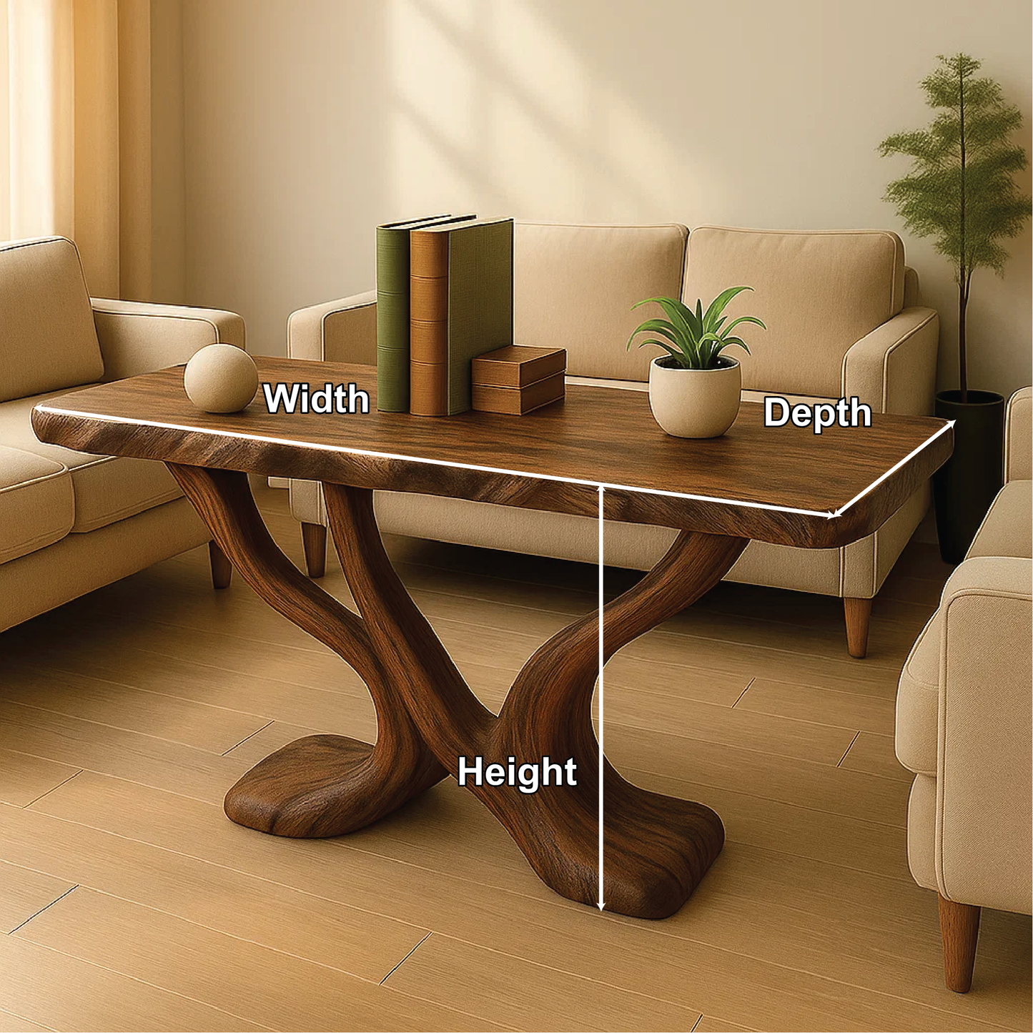 Handcrafted Solid Wood Console Table with Sculptural Y-Shaped Base for Modern Organic Interiors