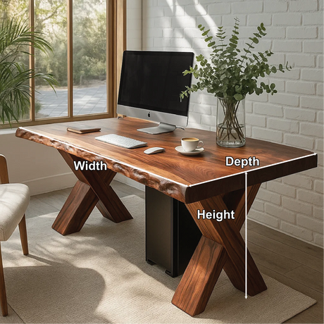 Handcrafted Solid Wood Work Desk – Live Edge Office Table with X-Leg Base and Natural Finish