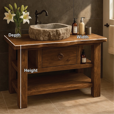 Handcrafted Solid Wood Bathroom Vanity with Drawer and Shelves for Rustic Natural Interior Design
