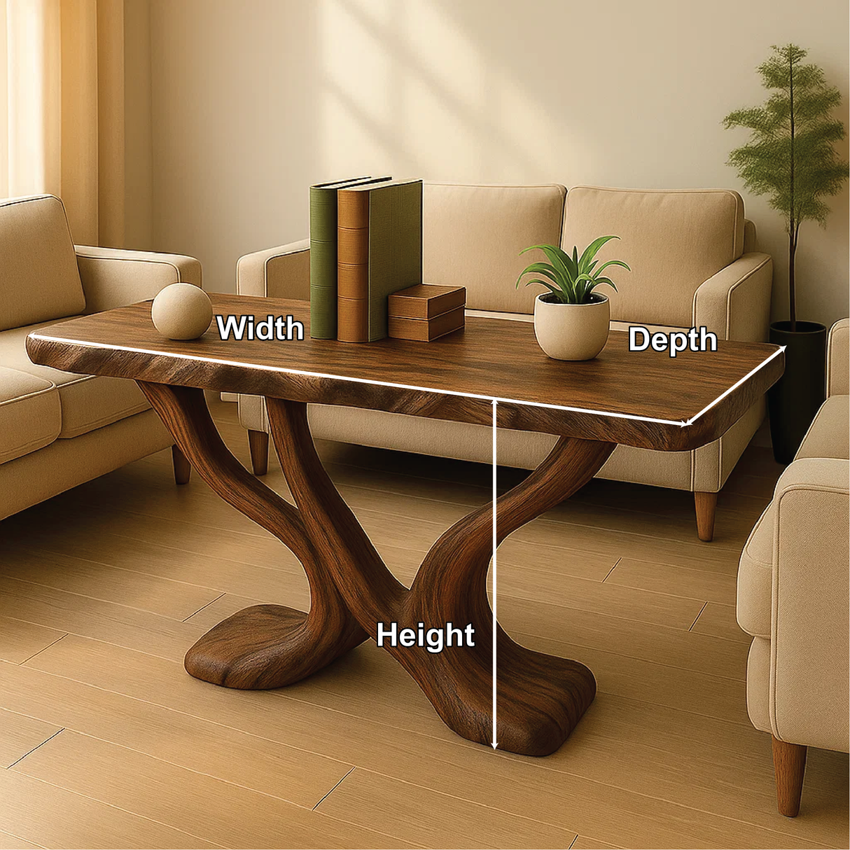 Handcrafted Solid Wood Console Table with Sculptural Y-Shaped Base for Modern Organic Interiors