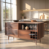Handcrafted Solid Wood Dining Cabinet with Wave Carved Door, Open Display Shelf and Wine Storage