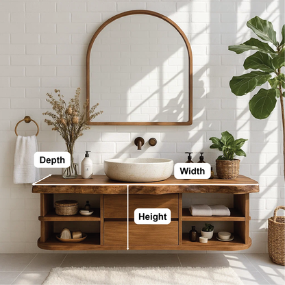 Handcrafted Solid Wood Floating Vanity with Rounded Shelves and Live Edge Countertop
