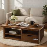 Handcrafted Solid Wood Coffee Table with Drawer and Open Shelves in Natural Live Edge Design