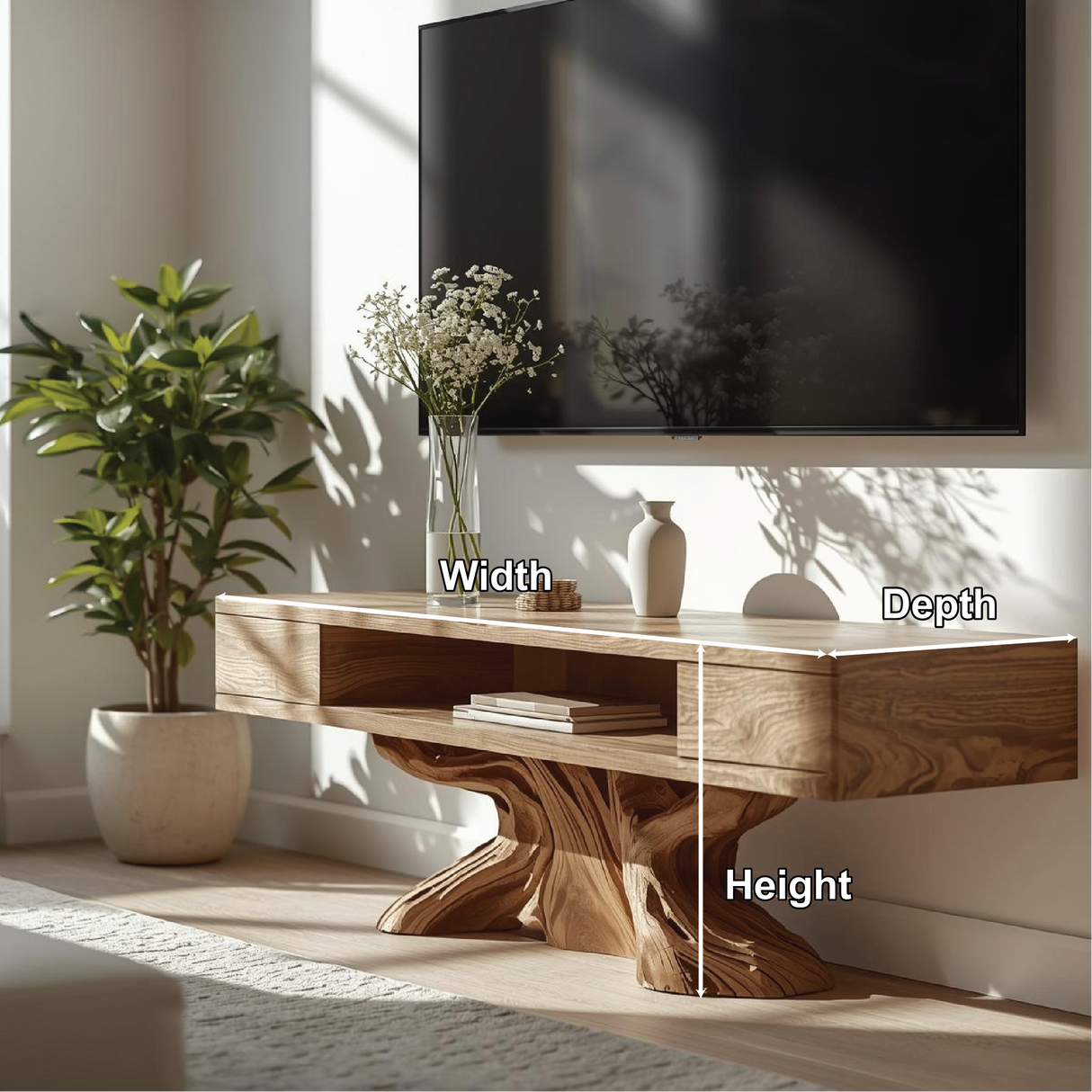 Handcrafted Solid Wood TV Stand with Artistic Sculpted Base and Natural Oak Grain Finish