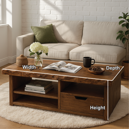 Handcrafted Solid Wood Coffee Table with Drawer and Open Shelves in Natural Live Edge Design