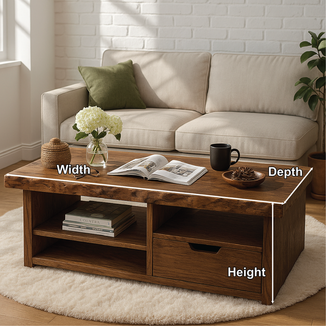 Handcrafted Solid Wood Coffee Table with Drawer and Open Shelves in Natural Live Edge Design