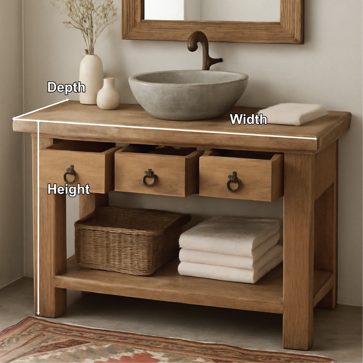 Handcrafted Solid Wood Bathroom Vanity with Rustic Drawers and Open Shelf for Natural Interiors