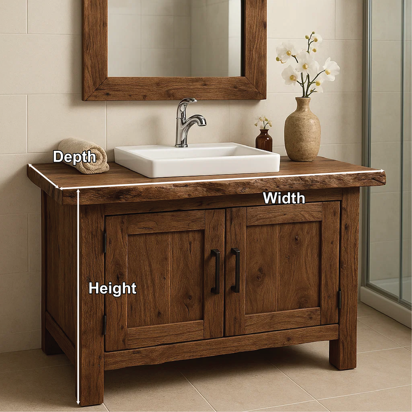 Rustic Handcrafted Solid Wood Bathroom Vanity with Natural Live Edge Top and Double Doors