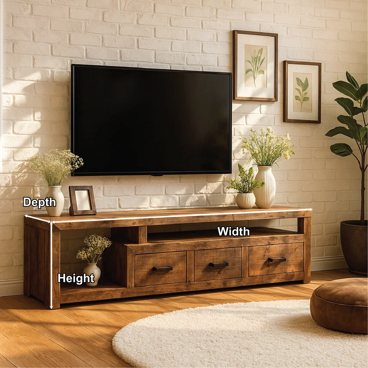 Handcrafted Solid Wood Rustic TV Stand – Farmhouse Style Media Console with Storage Drawers