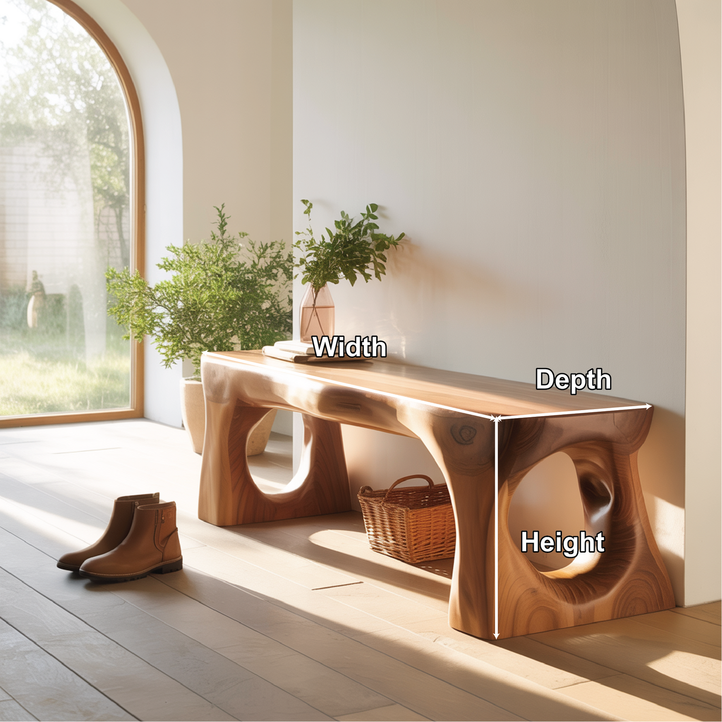 Handcrafted Solid Wood Entryway Bench with Sculpted Organic Cutout Base and Smooth Finish