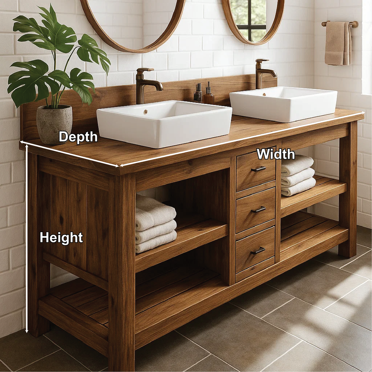 Handcrafted Double Bathroom Vanity in Solid Wood with Drawers and Open Shelves for Modern Spaces