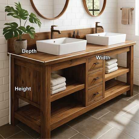 Handcrafted Double Bathroom Vanity in Solid Wood with Drawers and Open Shelves for Modern Spaces