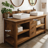 Handcrafted Double Bathroom Vanity in Solid Wood with Drawers and Open Shelves for Modern Spaces