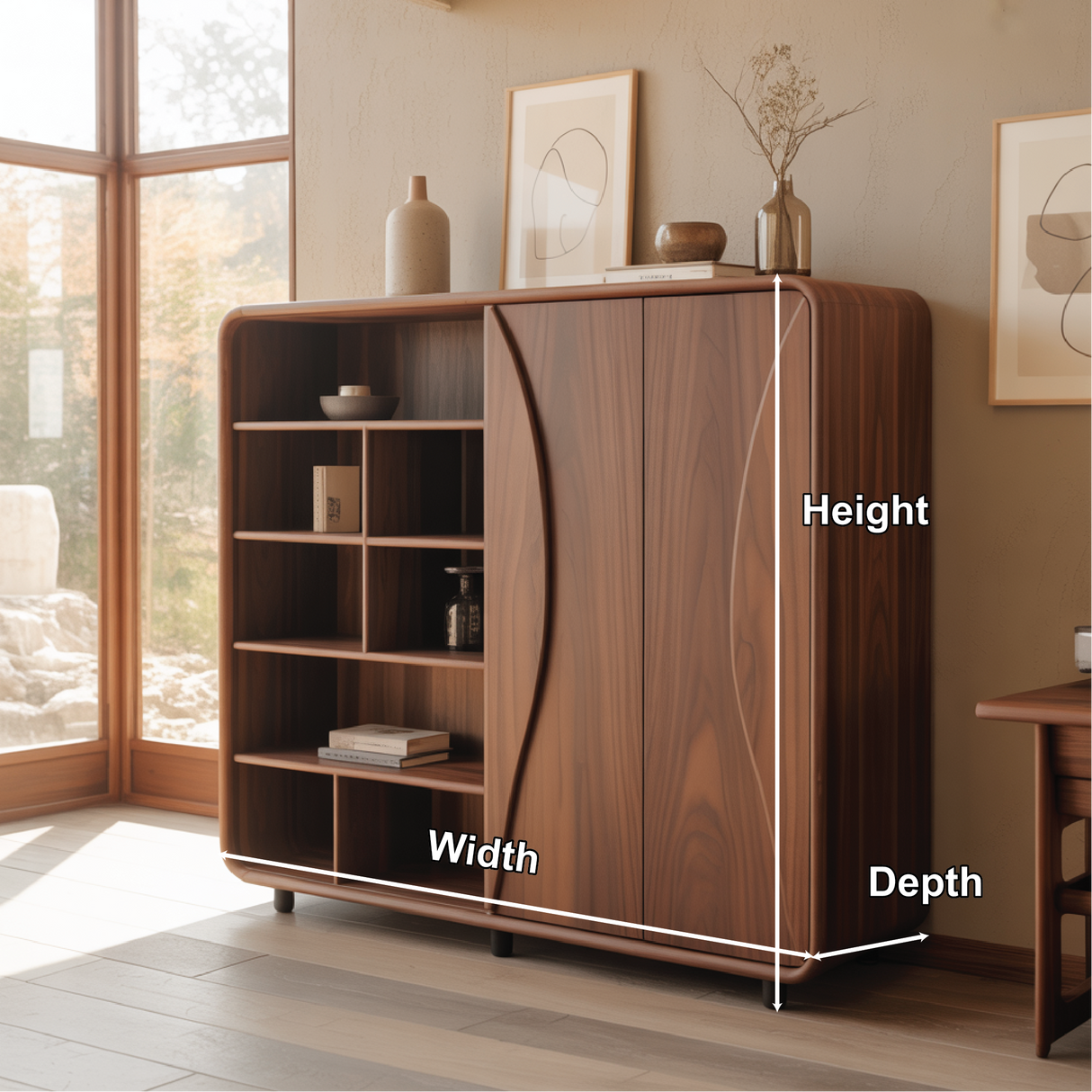 Handcrafted Solid Wood Dining Cabinet with Open Shelves and Curved Door Design for Modern Homes