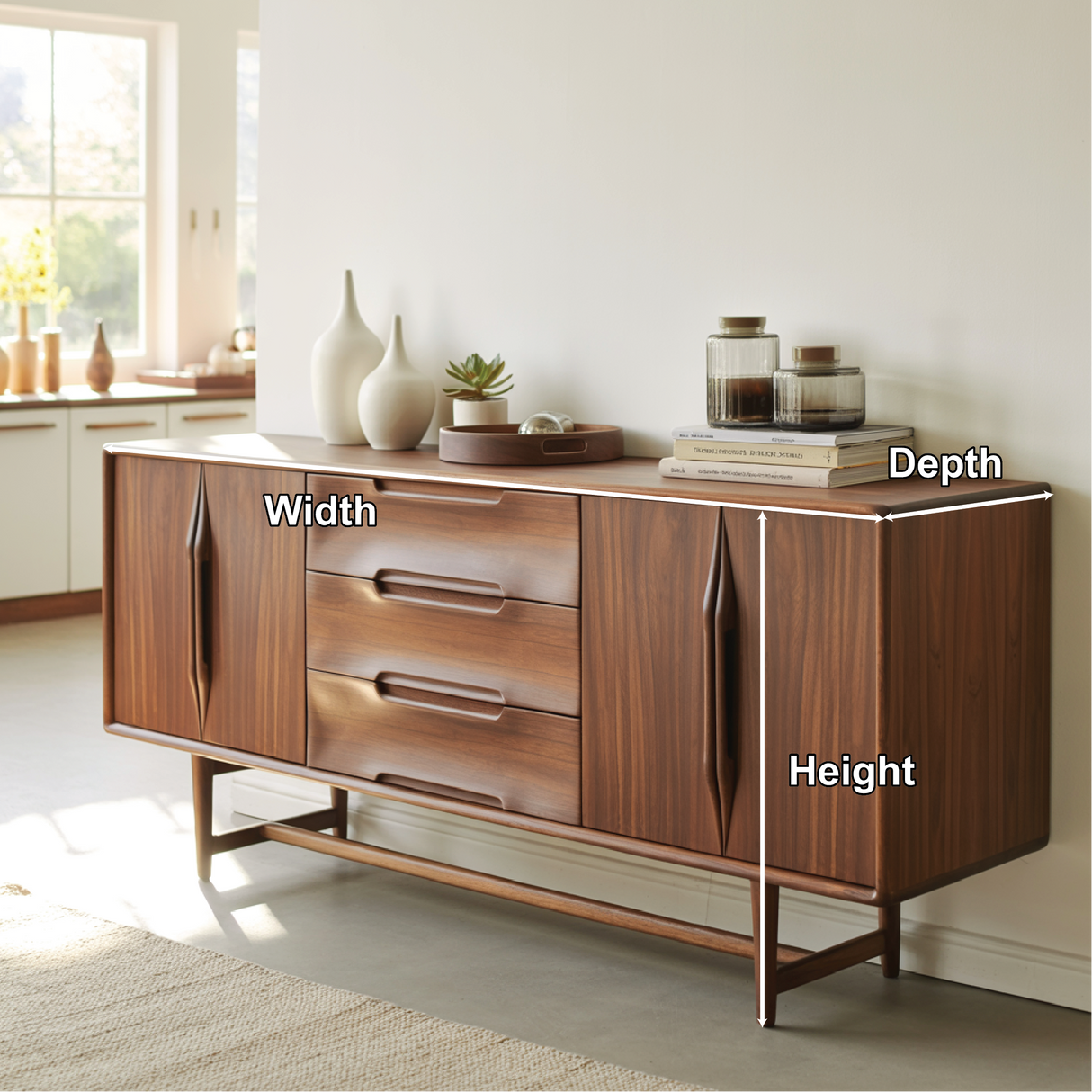 Handcrafted Solid Wood Dining Storage Sideboard with Sculpted Handles and Mid-Century Design
