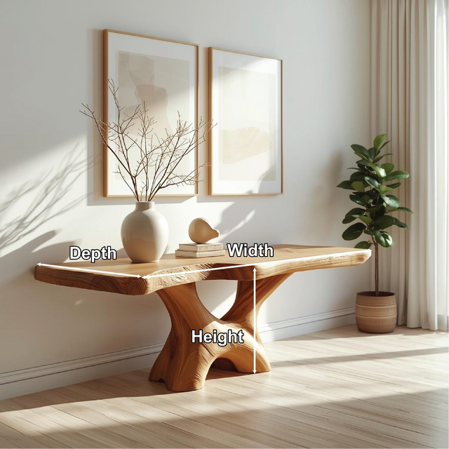 Handcrafted Solid Wood Console Table with Sculptural Base and Natural Grain Live Edge Design