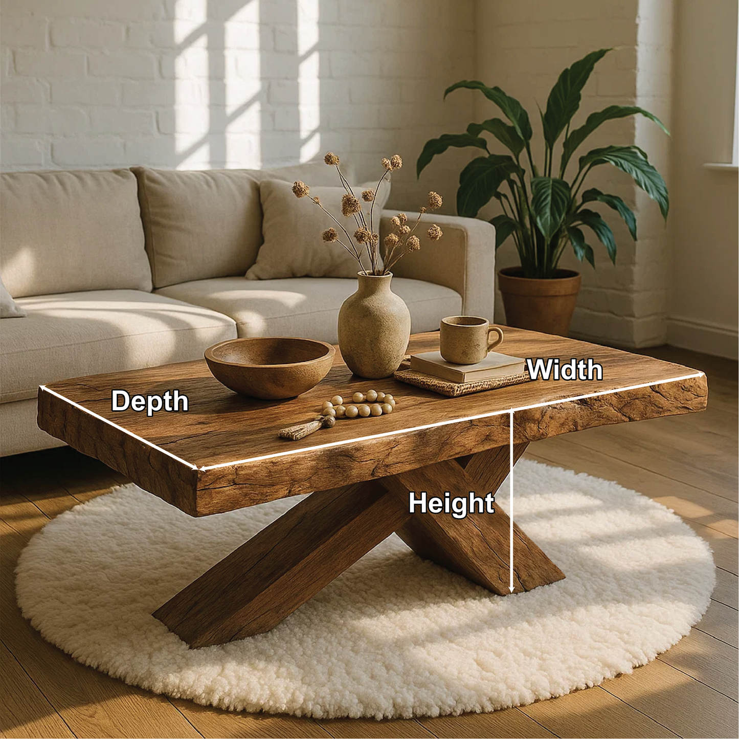 Handcrafted Solid Wood Coffee Table with Rustic Live Edge and Cross-Leg Modern Design