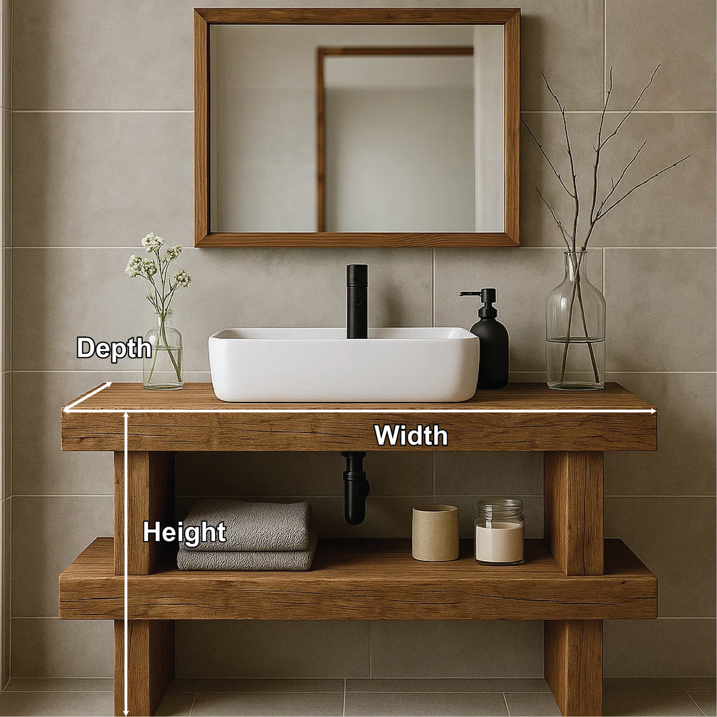 Minimalist Handcrafted Solid Wood Bathroom Vanity with Open Shelf and Modern Rustic Design