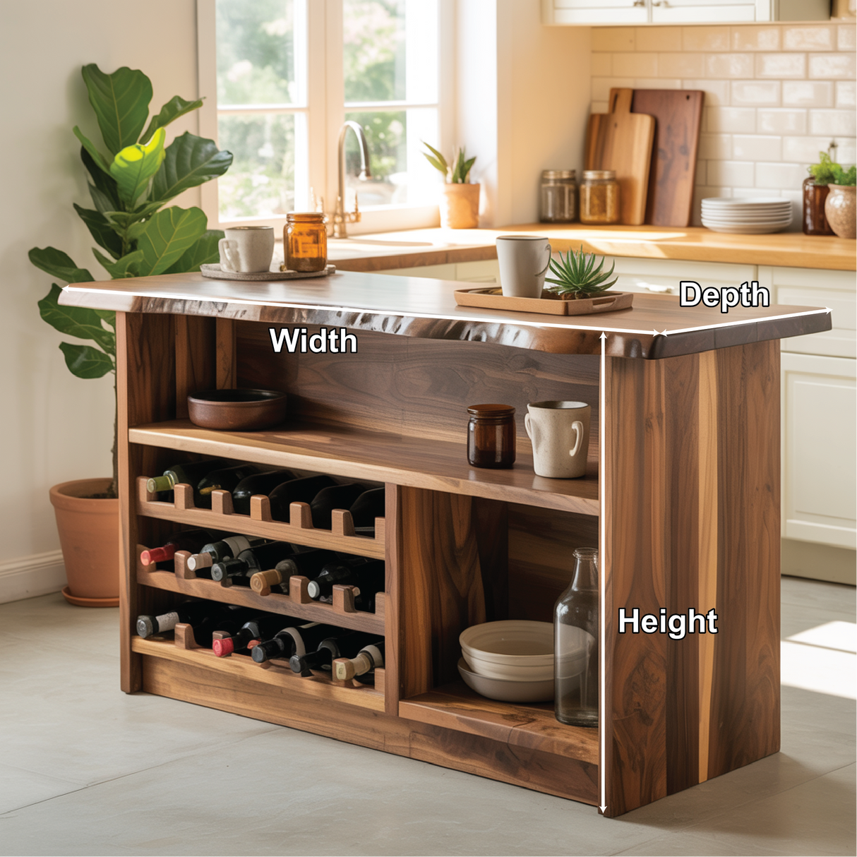 Handcrafted Solid Wood Wine Cabinet with Live Edge Design for Dining Room Storage and Display